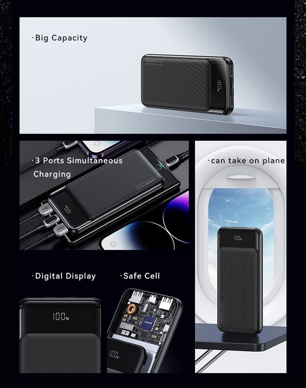 USAMS power bank US-CD198, 3x θύρες εξόδου, 10000mAh, 10W, μαύρο - Image 2