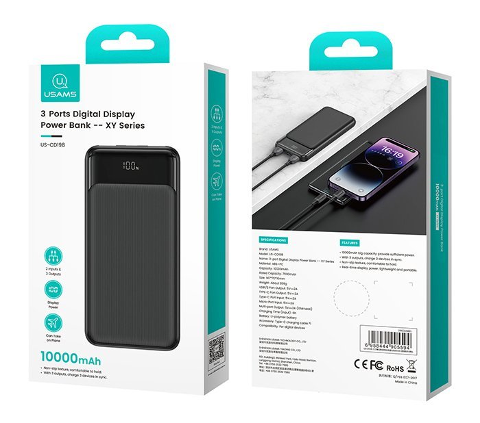 USAMS power bank US-CD198, 3x θύρες εξόδου, 10000mAh, 10W, μαύρο - Image 5