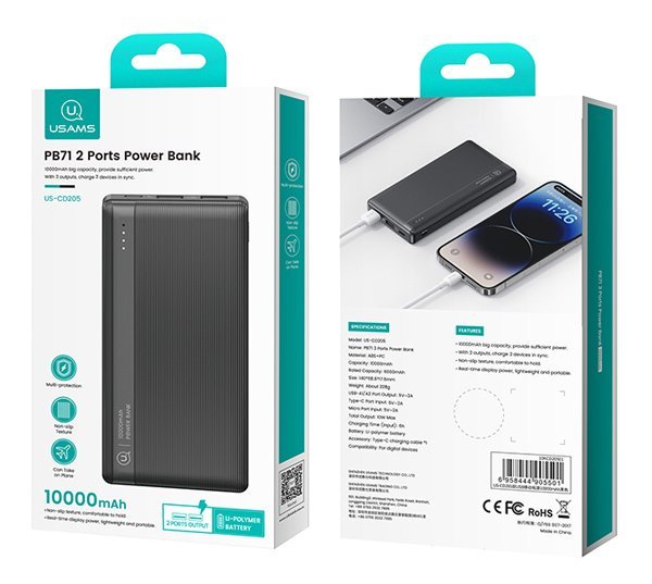 USAMS power bank US-CD205, 2x USB θύρες εξόδου, 10000mAh, 10W, μαύρο - Image 4