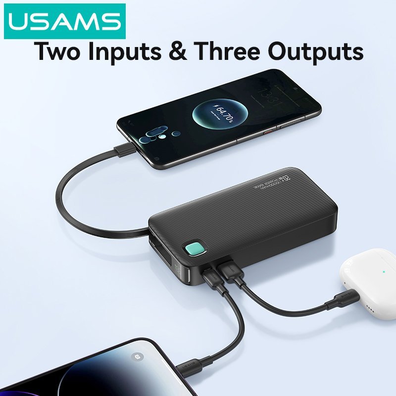 USAMS power bank CD224 με καλώδιο USB-C, 2x θύρες εξόδου, 10000mAh, 20W, λευκό - Image 2