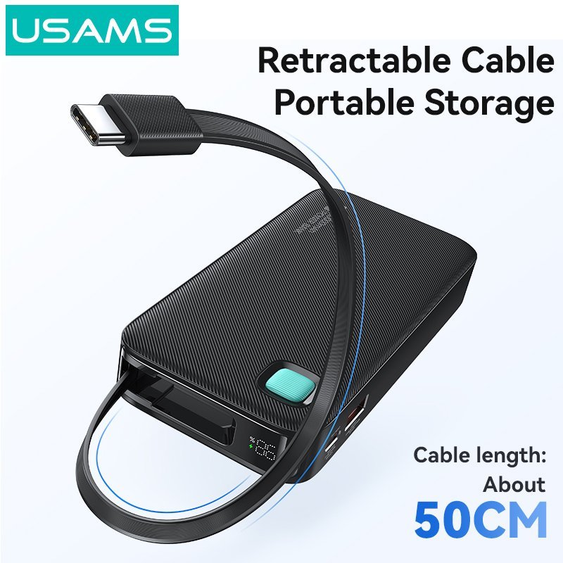 USAMS power bank CD224 με καλώδιο USB-C, 2x θύρες εξόδου, 10000mAh, 20W, λευκό - Image 3