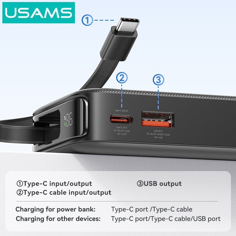 USAMS power bank CD224 με καλώδιο USB-C, 2x θύρες εξόδου, 10000mAh, 20W, λευκό - Image 4