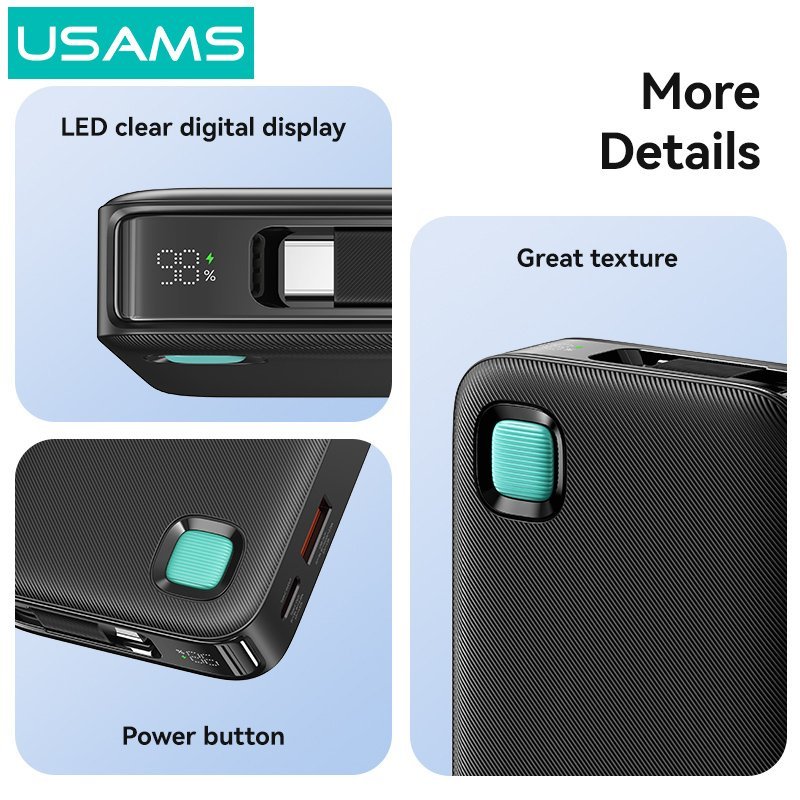 USAMS power bank CD224 με καλώδιο USB-C, 2x θύρες εξόδου, 10000mAh, 20W, λευκό - Image 5
