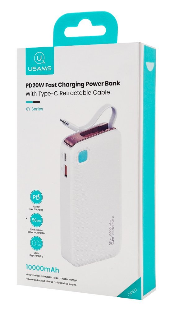 USAMS power bank CD224 με καλώδιο USB-C, 2x θύρες εξόδου, 10000mAh, 20W, λευκό - Image 6