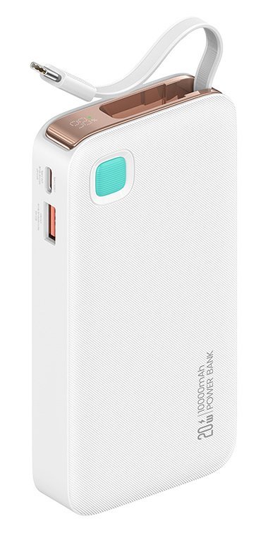 USAMS power bank CD224 με καλώδιο USB-C, 2x θύρες εξόδου, 10000mAh, 20W, λευκό