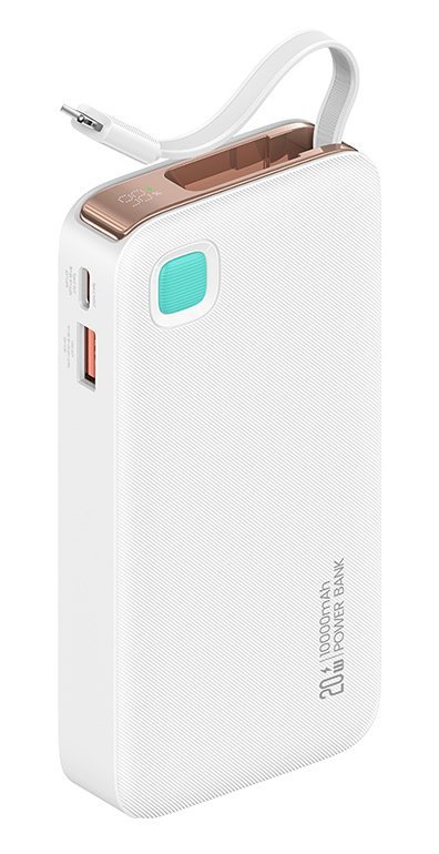 USAMS power bank CD225 με καλώδιο Lightning, 2x θύρες εξόδου, 10000mAh, 20W, λευκό