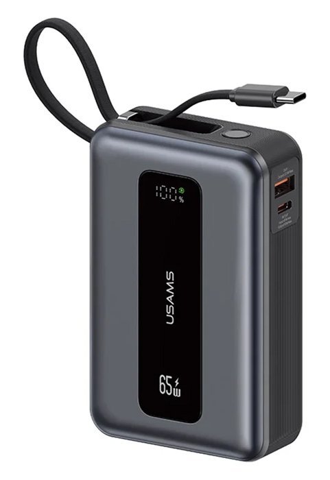 USAMS power bank CD243 με καλώδιο USB-C, 2x θύρες εξόδου, 20000mAh, 65W, γκρι
