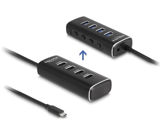 DELOCK USB hub 64233 με διακόπτες, 4 θυρών, 10Gbps, USB-C σύνδεση, μαύρο