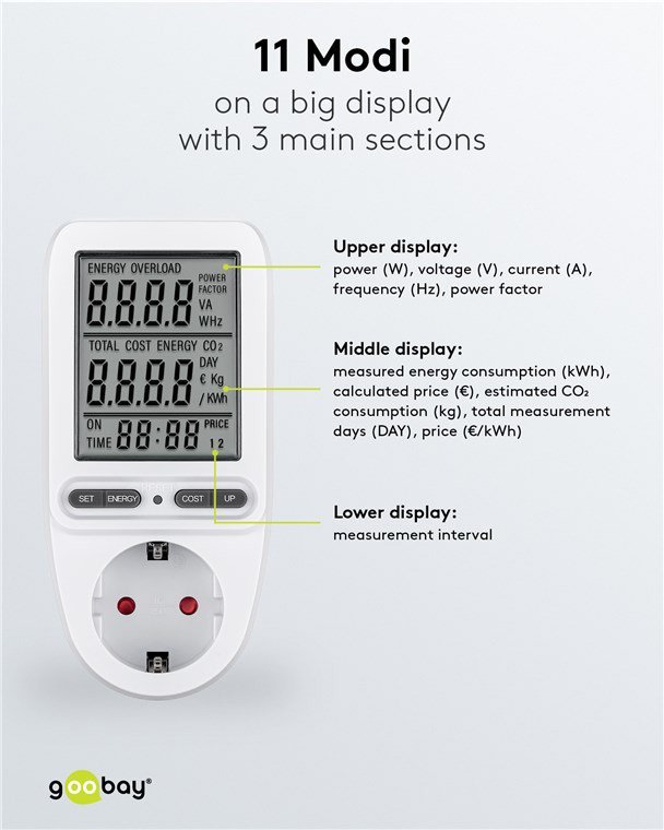 GOOBAY μετρητής κατανάλωσης ρεύματος 64590 με οθόνη, 16A, λευκός - Image 3