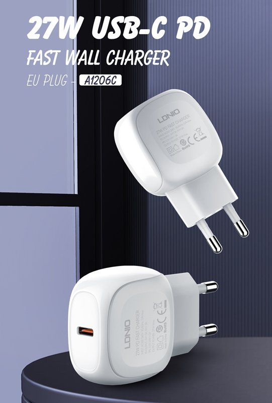 LDNIO φορτιστής τοίχου A1206C με καλώδιο USB-C, 1x USB-C, 27W PD, λευκός - Image 3