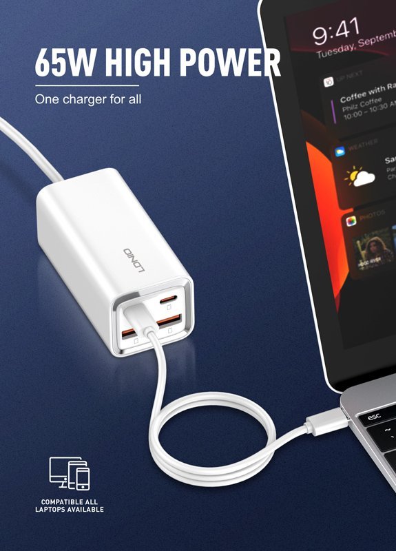 LDNIO σταθμός φόρτισης A4610C, 2x USB-C & 2x USB, 65W, PD/QC, λευκός - Image 3