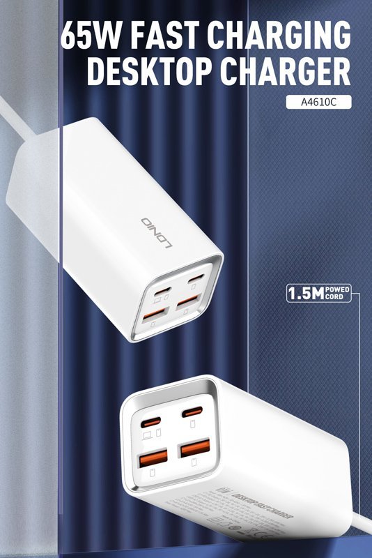 LDNIO σταθμός φόρτισης A4610C, 2x USB-C & 2x USB, 65W, PD/QC, λευκός - Image 4