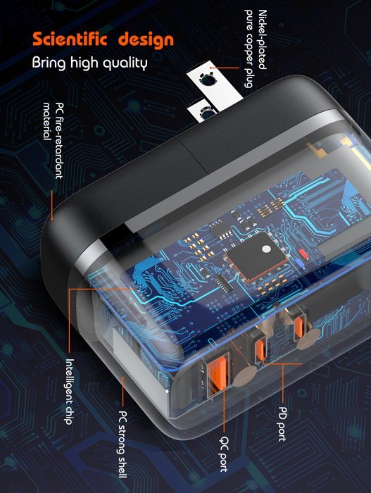LDNIO φορτιστής τοίχου Q366 με καλώδιο, USB/2x USB-C, 65W, GaN, μαύρος - Image 4