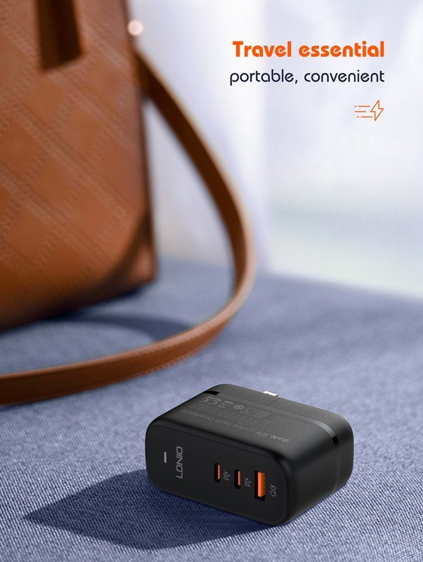 LDNIO φορτιστής τοίχου Q366 με καλώδιο, USB/2x USB-C, 65W, GaN, μαύρος - Image 5