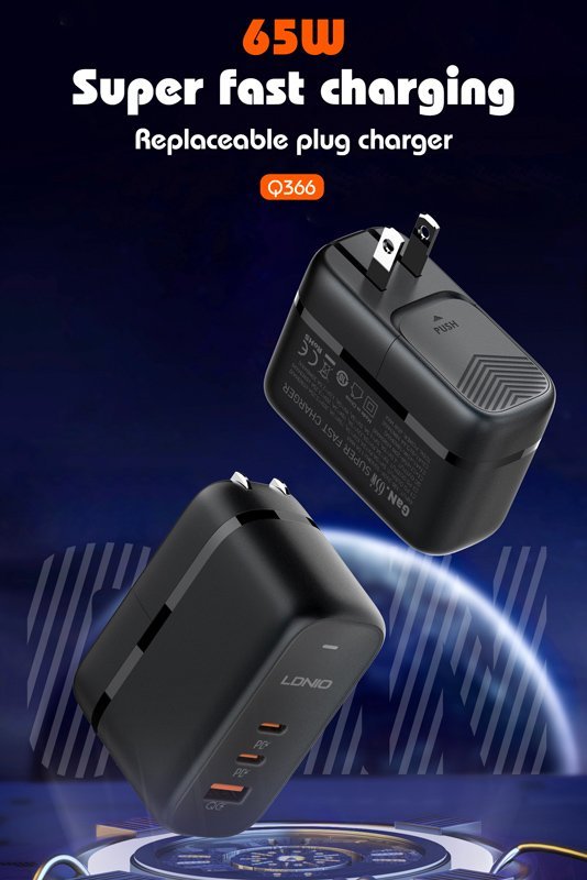LDNIO φορτιστής τοίχου Q366 με καλώδιο, USB/2x USB-C, 65W, GaN, μαύρος - Image 7