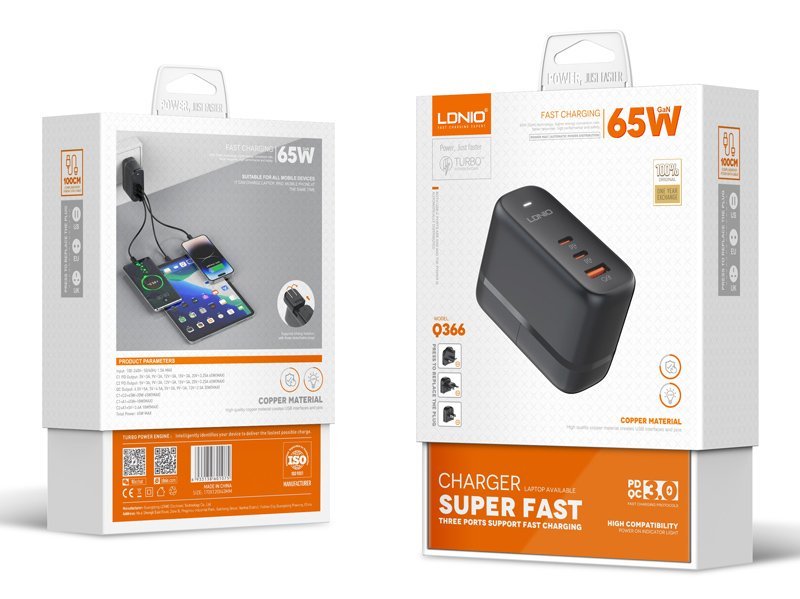LDNIO φορτιστής τοίχου Q366 με καλώδιο, USB/2x USB-C, 65W, GaN, μαύρος - Image 8