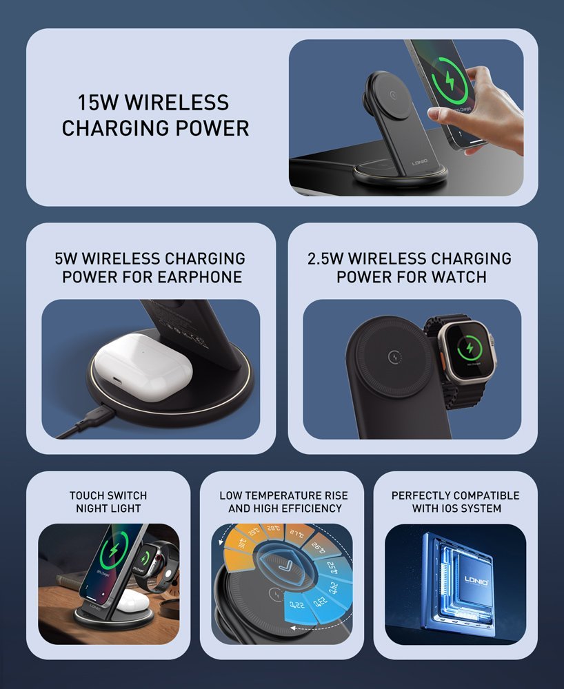 LDNIO ασύρματος φορτιστής WL02 με LED φωτισμό, 3 σε 1, 15W, μαύρος - Image 3