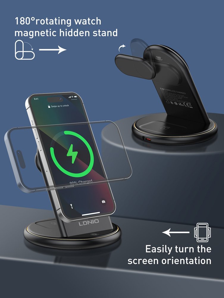 LDNIO ασύρματος φορτιστής WL02 με LED φωτισμό, 3 σε 1, 15W, μαύρος - Image 4