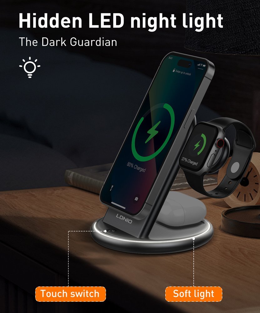 LDNIO ασύρματος φορτιστής WL02 με LED φωτισμό, 3 σε 1, 15W, μαύρος - Image 6