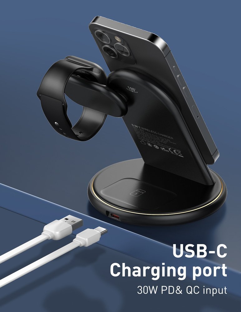 LDNIO ασύρματος φορτιστής WL02 με LED φωτισμό, 3 σε 1, 15W, μαύρος - Image 7