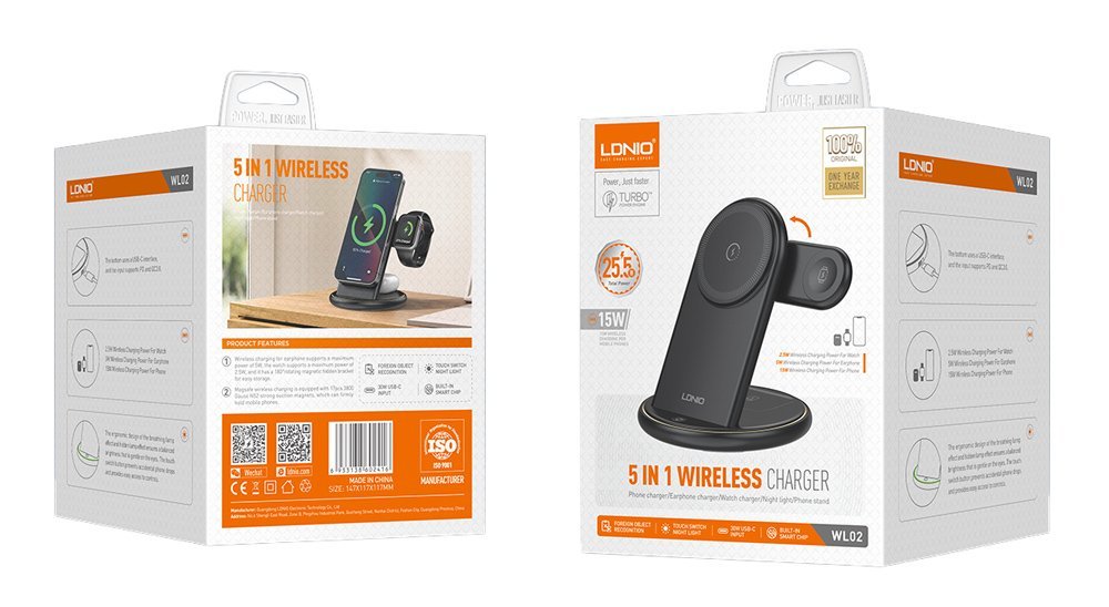 LDNIO ασύρματος φορτιστής WL02 με LED φωτισμό, 3 σε 1, 15W, μαύρος - Image 10