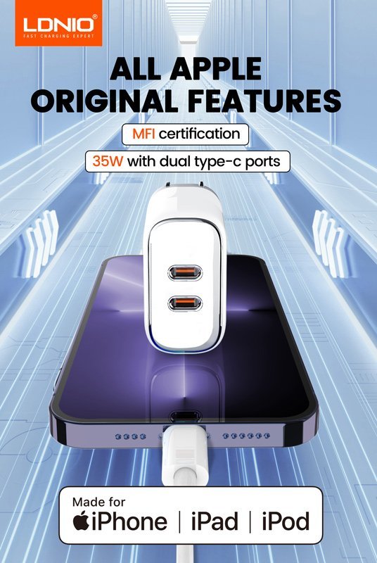 LDNIO φορτιστής τοίχου A2528M με καλώδιο, 2x USB-C, 35W, MFi, λευκό - Image 2