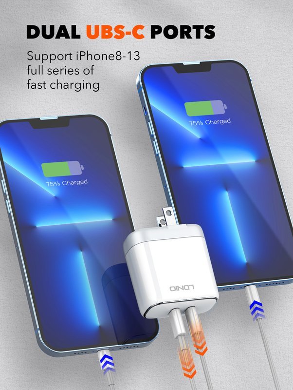 LDNIO φορτιστής τοίχου A2528M με καλώδιο, 2x USB-C, 35W, MFi, λευκό - Image 3