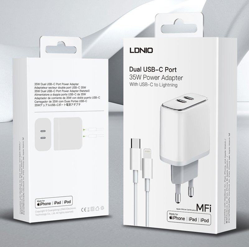LDNIO φορτιστής τοίχου A2528M με καλώδιο, 2x USB-C, 35W, MFi, λευκό - Image 8