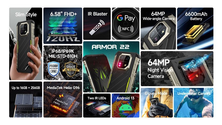 ULEFONE smartphone Armor 22, 6.58", 8/128GB, 6600mAh, IP68/IP69K, μαύρο - Image 2