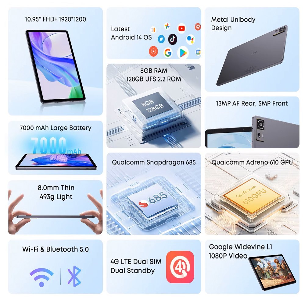 CHUWI tablet AuPad, 10.95", 8/128GB, 4G, Android 14, 7000mAh, γκρι - Image 2