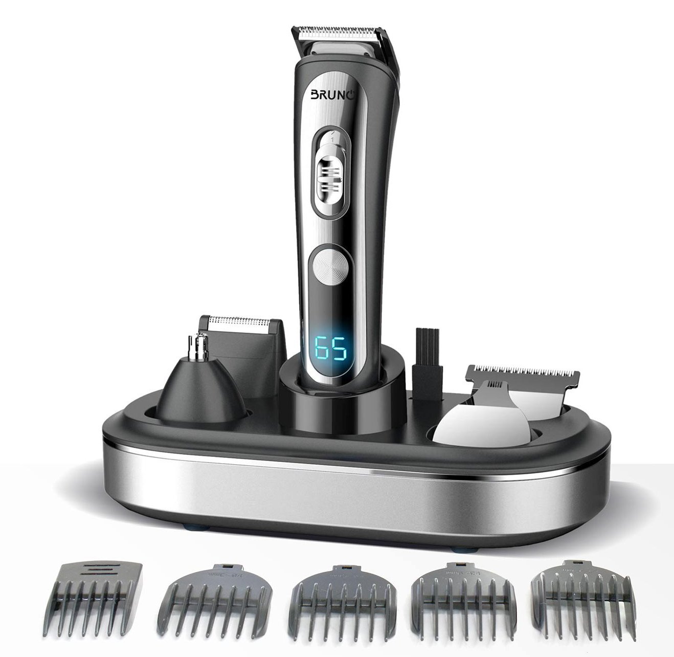 BRUNO κουρευτική/ξυριστική μηχανή 5 σε 1 BRN-0221, επαναφορτιζόμενη, ψηφιακή ένδειξη, black-inox, σετ 16τμχ