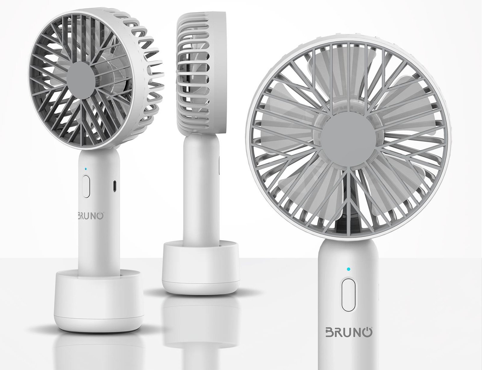 BRUNO φορητός ανεμιστήρας χειρός BRN-0229, επαναφορτιζόμενος, με βάση & λουράκι μεταφοράς, λευκός/γκρι
