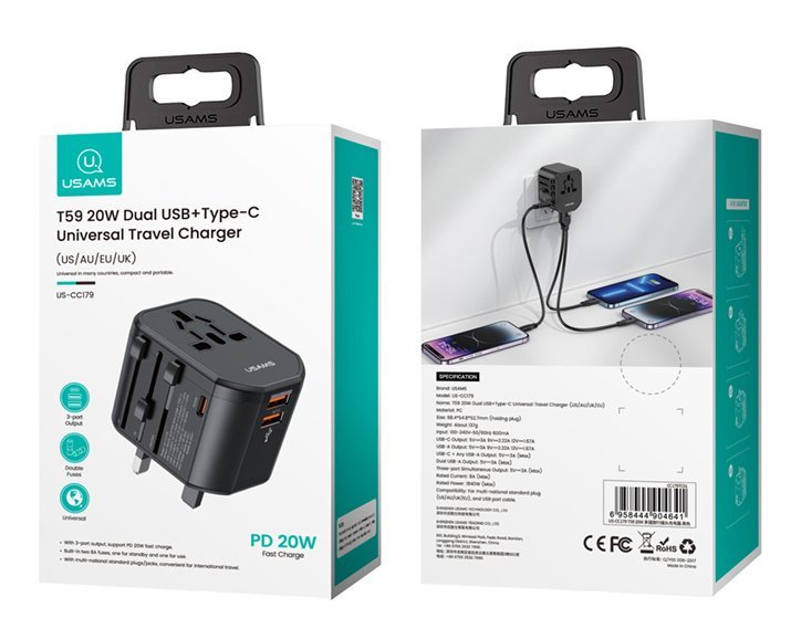 USAMS φορτιστής/αντάπτορας πρίζας US-CC179, USB-C & 2x USB, universal, 20W, μαύρος - Image 3