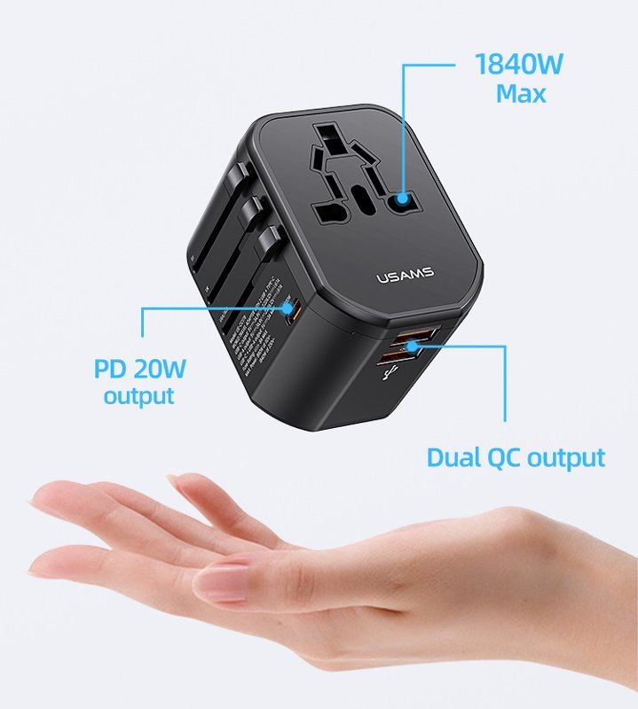 USAMS φορτιστής/αντάπτορας πρίζας US-CC179, USB-C & 2x USB, universal, 20W, μαύρος - Image 4