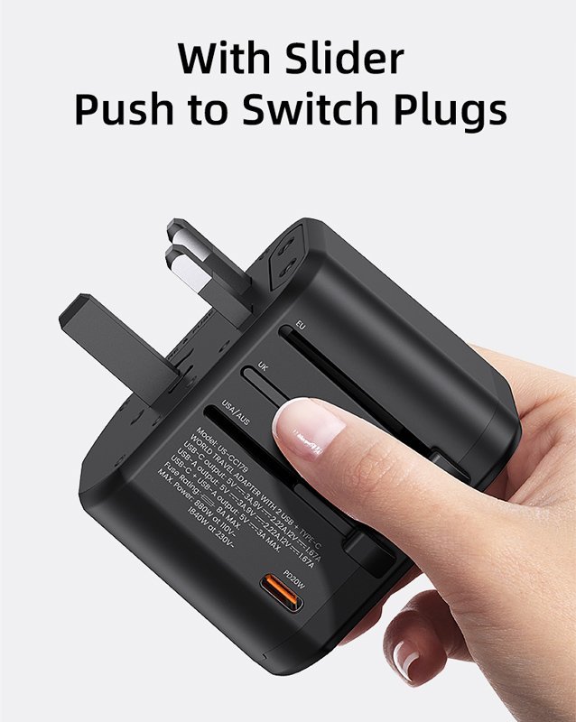 USAMS φορτιστής/αντάπτορας πρίζας US-CC179, USB-C & 2x USB, universal, 20W, μαύρος - Image 6