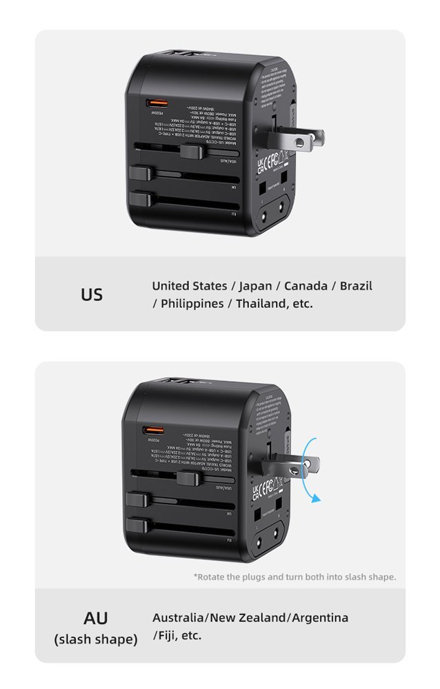 USAMS φορτιστής/αντάπτορας πρίζας US-CC179, USB-C & 2x USB, universal, 20W, μαύρος - Image 7