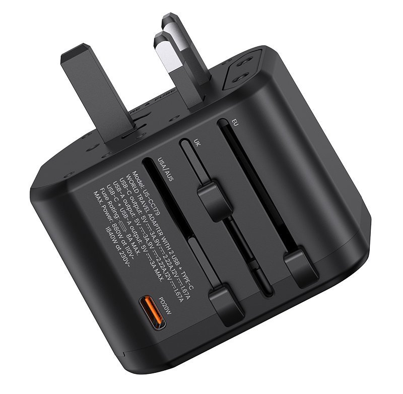 USAMS φορτιστής/αντάπτορας πρίζας US-CC179, USB-C & 2x USB, universal, 20W, μαύρος - Image 10