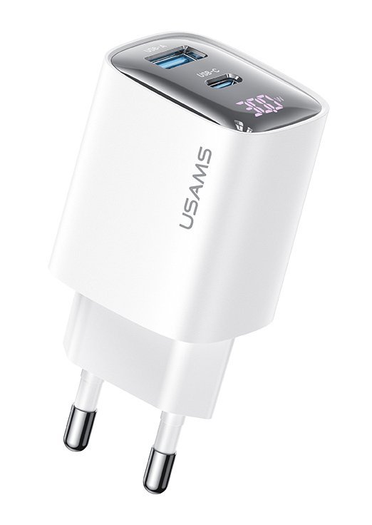 USAMS φορτιστής τοίχου US-CC229, USB & USB-C, 30W, GaN, λευκός