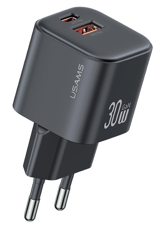 USAMS φορτιστής τοίχου CC263, USB & USB-C, 30W, GaN, μαύρος
