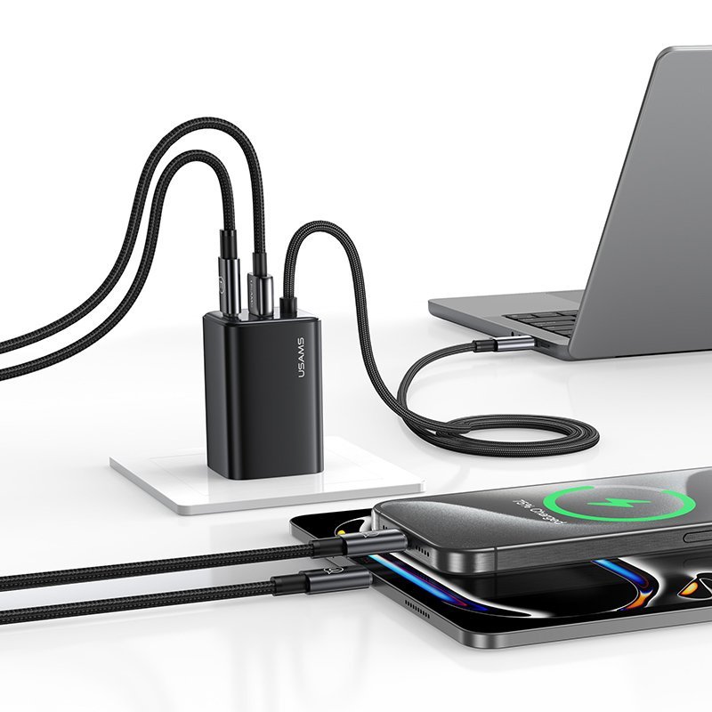 USAMS φορτιστής τοίχου CC266 με καλώδιο, USB & USB-C, 65W, GaN, μαύρος - Image 2