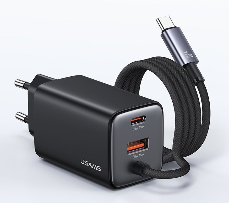 USAMS φορτιστής τοίχου CC266 με καλώδιο, USB & USB-C, 65W, GaN, μαύρος - Image 4