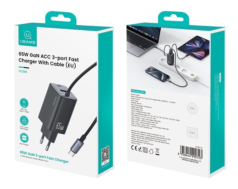 USAMS φορτιστής τοίχου CC266 με καλώδιο, USB & USB-C, 65W, GaN, μαύρος - Image 5