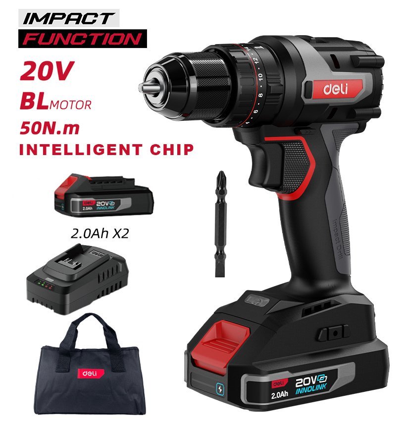 DELI κρουστικό δραπανοκατσάβιδο μπαταρίας DE-CZ20-2D2, Brushless, 20V, 2x 2Ah, 50N.m