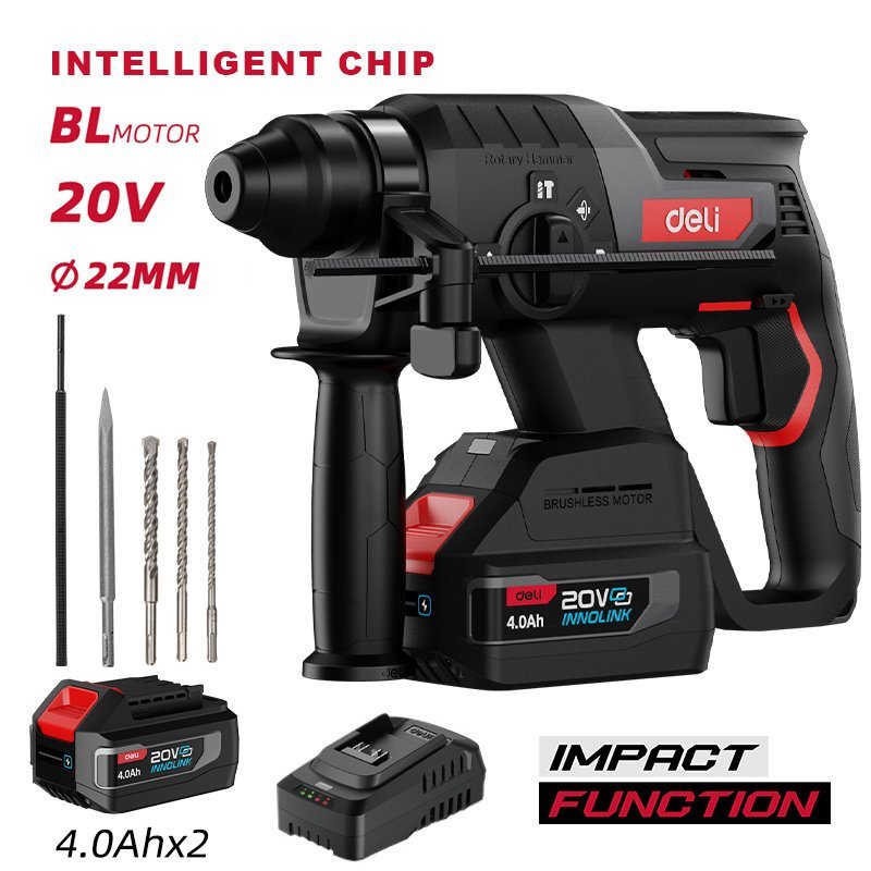DELI κρουστικό σκαπτικό μπαταρίας, Brushless, 20V, 2x 4Ah, 2J