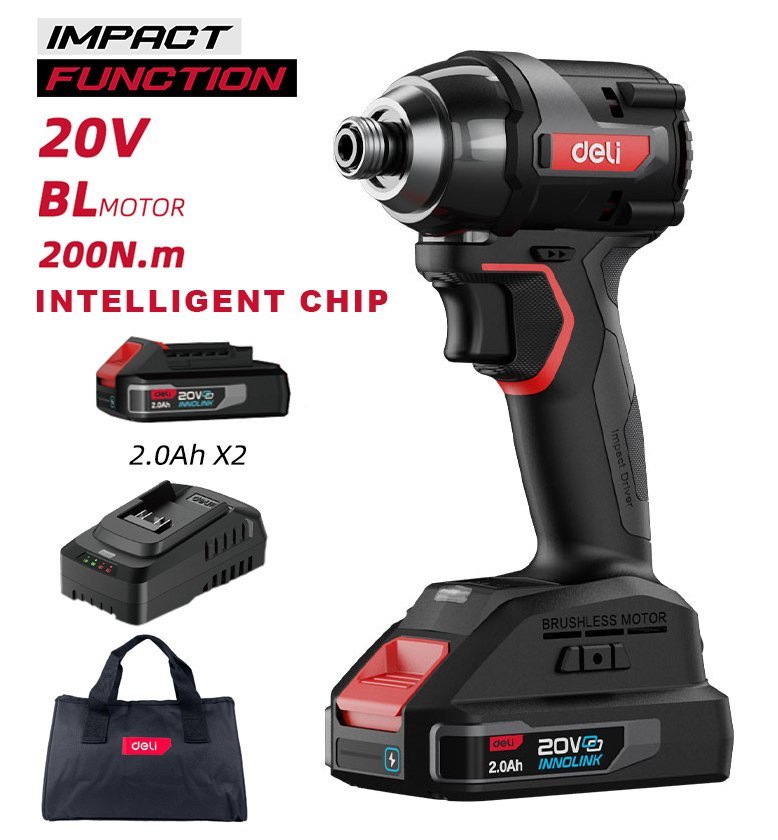 DELI παλμικό κατσαβίδι μπαταρίας DE-QZ20-1D2, Brushless, 20V, 2x 2Ah, 200N.m