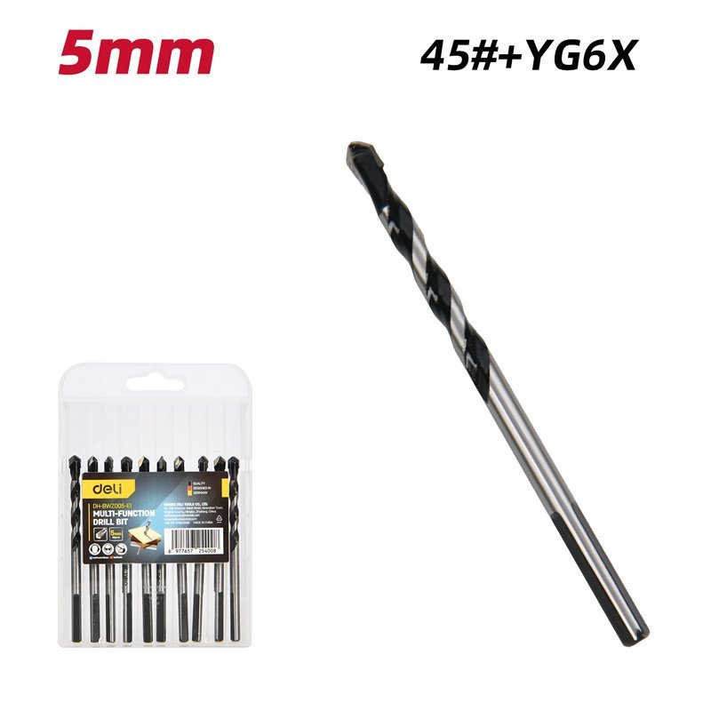 DELI σετ τρυπάνια DH-BWZ005-E1 για τοίχο/μέταλλο/ξύλο, 45# YG6X, 5x80mm, τρίπλευρο, 10τμχ - Image 2