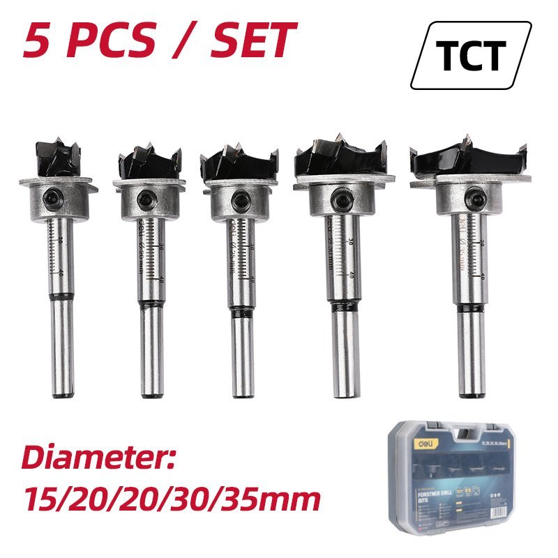 DELI σετ τρυπάνια μεντεσέ DH-MKK005-ED1 για ξύλο/πλαστικό, TCT λεπίδα, 15-35mm, 5τμχ - Image 2