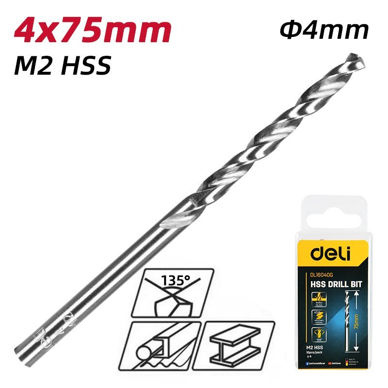 DELI σετ τρυπάνια DL16040G για μέταλλο, M2 HSS, 4x75mm, κυλινδρικό, 10τμχ - Image 2