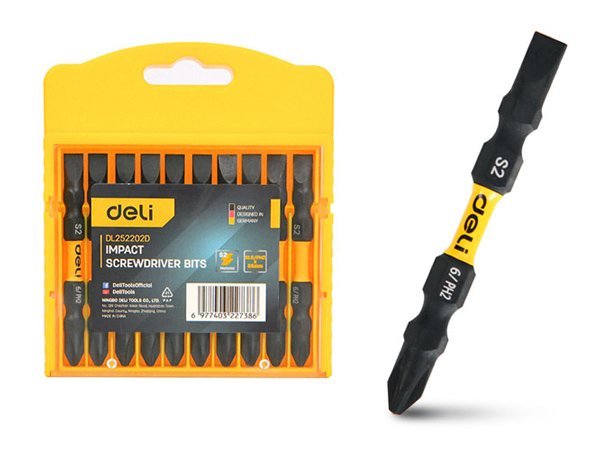 DELI σετ μύτες κατσαβιδιού DL252202D για δραπανοκατσάβιδο, διπλή κεφαλή, σταυρωτές/ίσιες, SL6/PH2x65mm, 10τμχ