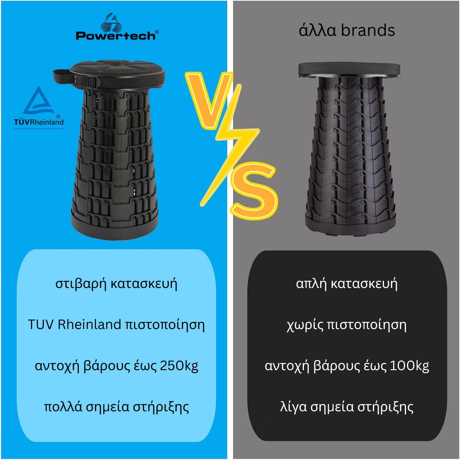 POWERTECH πτυσσόμενο καρεκλάκι με μαξιλάρι, αντοχή έως 250kg, 25.5x45cm, μαύρο - Image 3